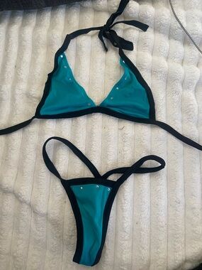 Teal and Black Rhinestone Triangle Bikini Set